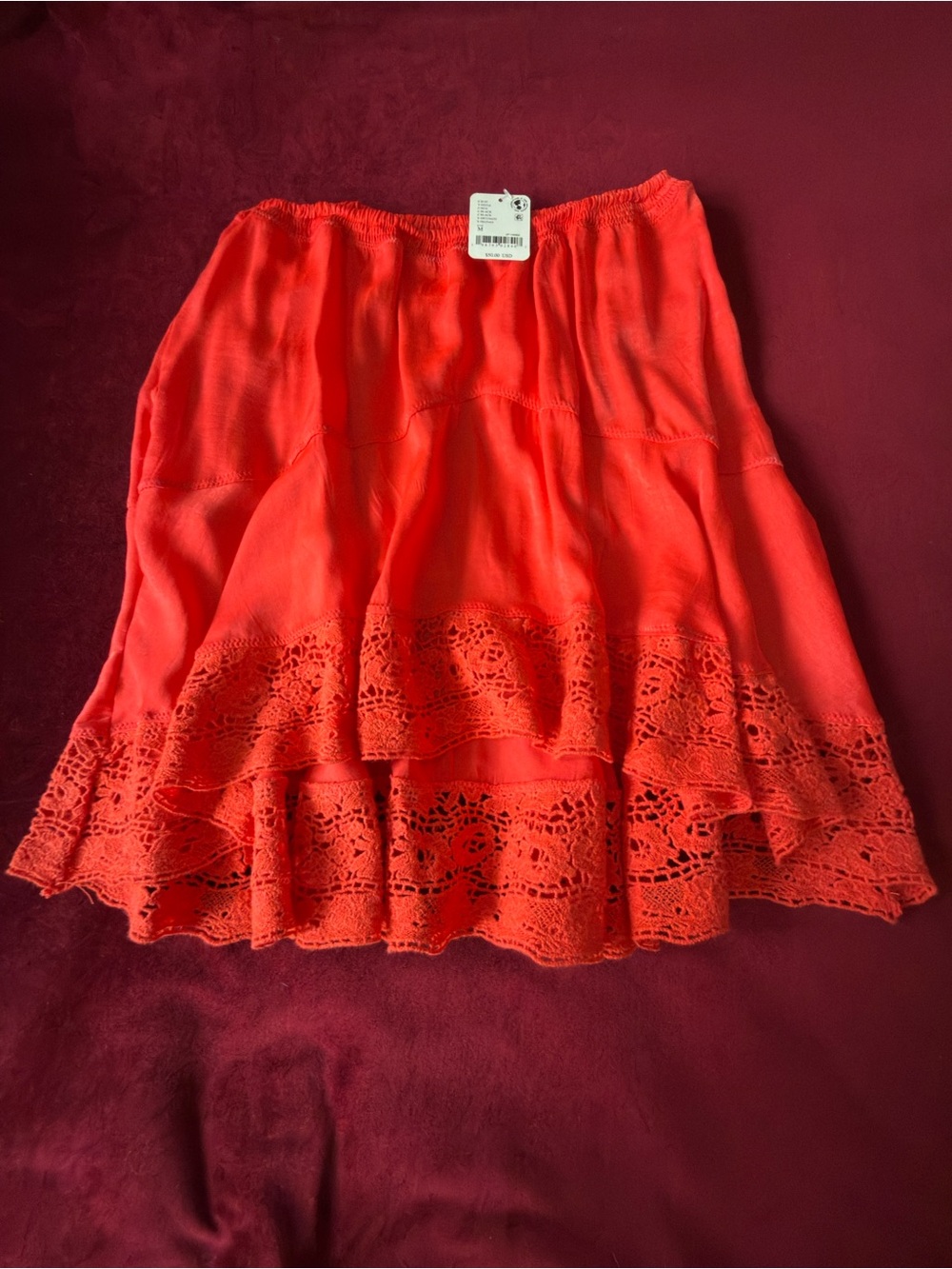 Free People Sz M Crochet-Hem Circle Skirt in Bold Coral Red